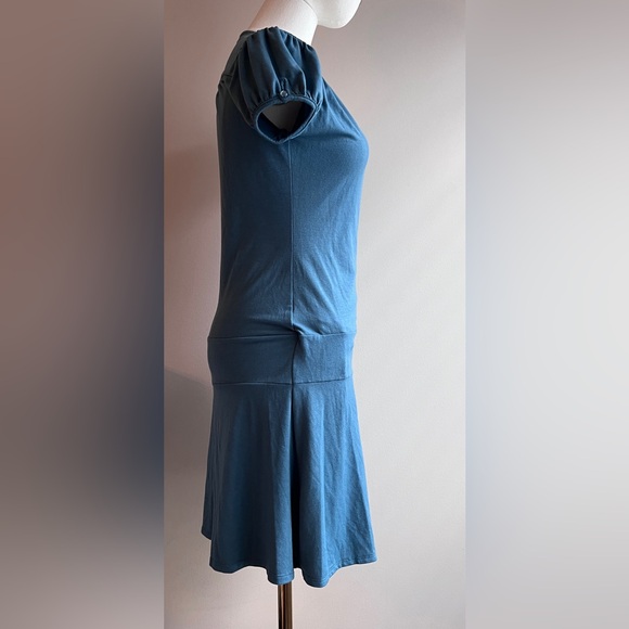 Blue Wrap Dress with plunging neckline, drop waist, button detail on cap sleeve. - Picture 2 of 5